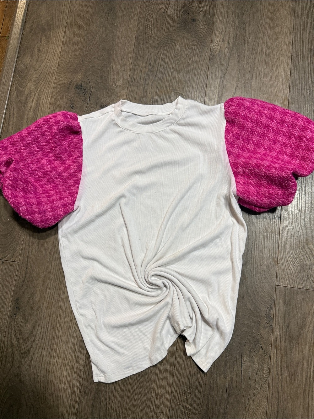 White Tee with Puff Hot Pink Houndstooth Sleeves